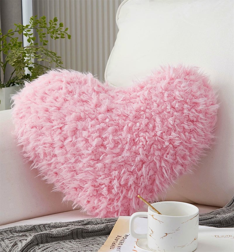 MOOWOO Pink Girl Heart Throw Pillow with Pillow Cover and Insert,Love Pillowï¼ŒValentines Day Decor, Shaggy Faux Fur Fluffy Pillow, Gift for Mothers,Girls (Pink,Heart Shape-15.7X15.7Inches) - Image 1